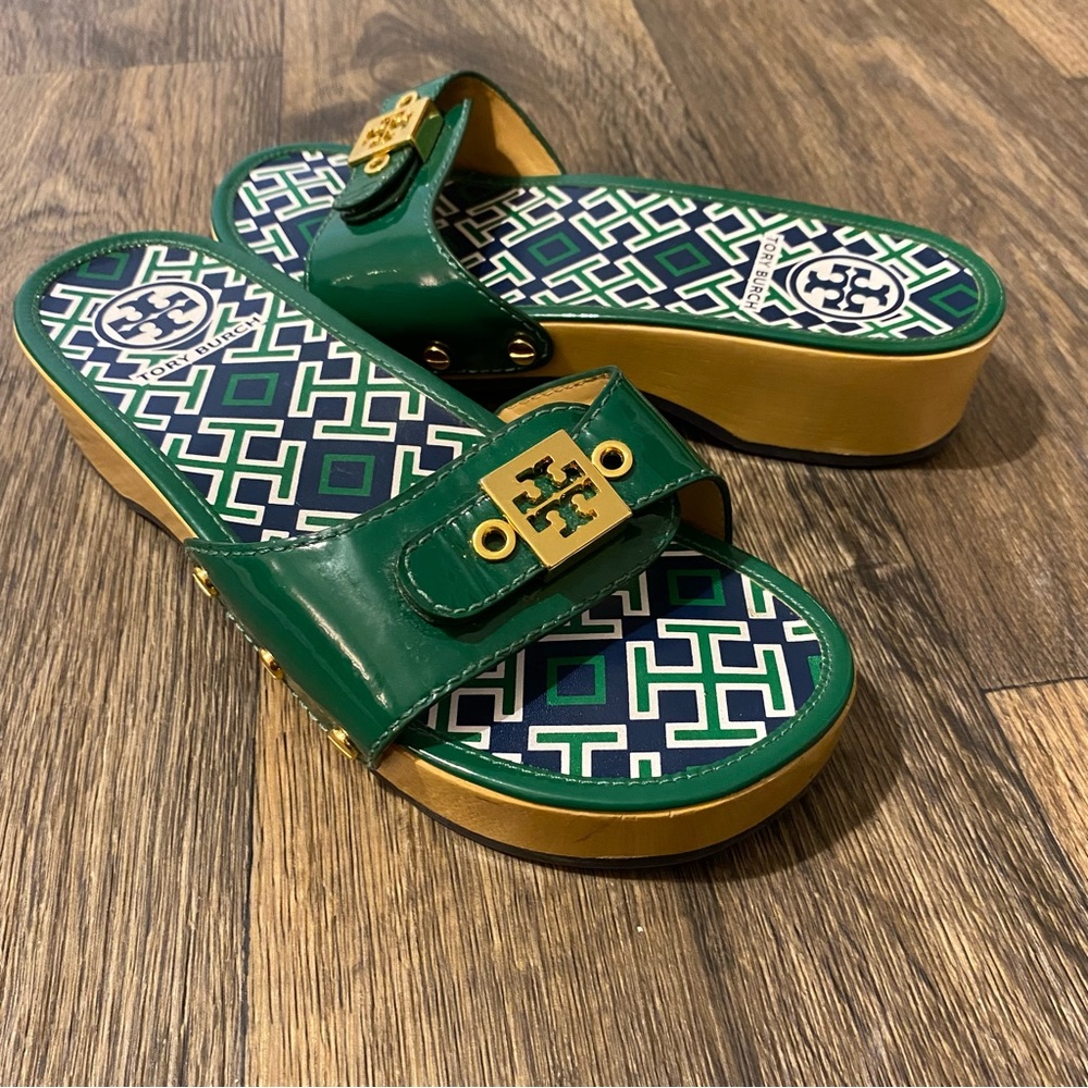 Tory Burch Dixon Slides Patent Leather Sandal Slip On Green Size 6.5